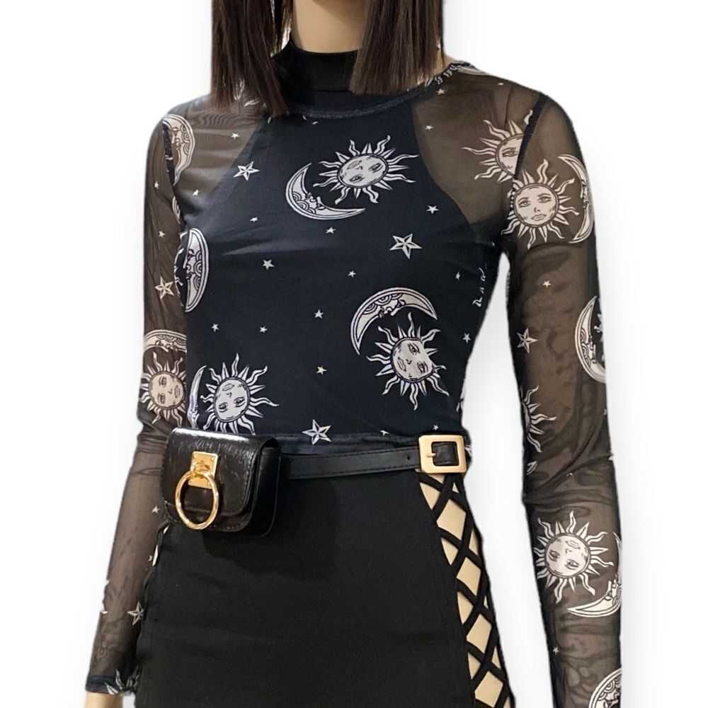 Black White Celestial Long Sleeve Mesh Top NWT